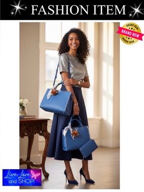 PURSE: 3 Piece Blue & Silver Set: 2 Handbags & 1 Wallet, NWOT